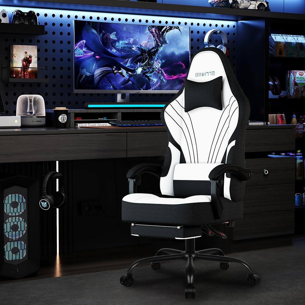 Gaming Chair, Ergonomic Computer Chair with Footrest, Big Tall PC Gamer Chair with Headrest and Massage Lumbar Support, 360° Swivel Height Adjustable Fabric Video Office Chairs for Adults (White) SITMOD