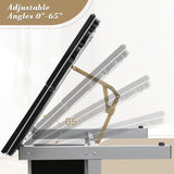 Athena Collection 41" Drafting Table Adjustable Angle Drawing Table Tempered Glass Art Desk Metal Frame Craft Desk Artist Desk with Fabric Drawers, Rolling Casters and Trays, Light Grey Athena Collection