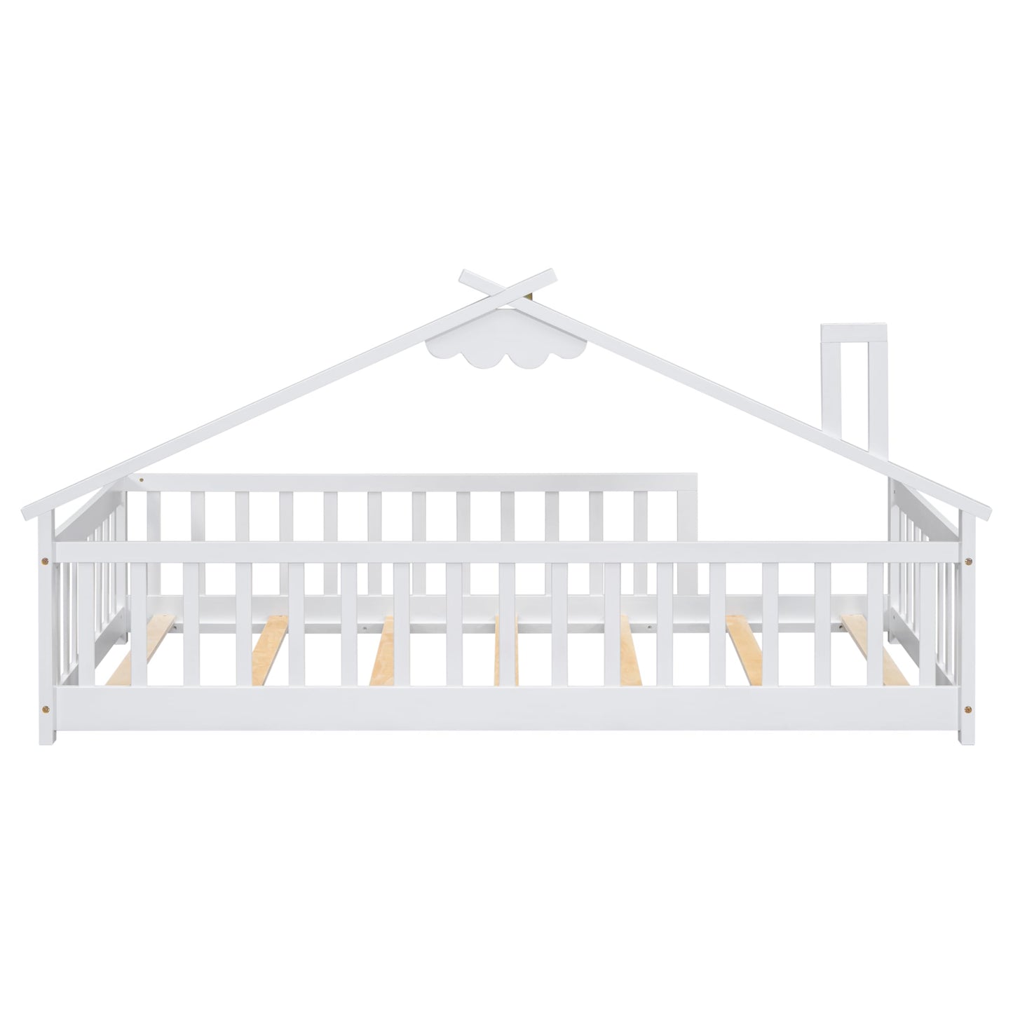 Mirightone Twin Size Floor Bed with House-Shaped Roof and Fence Guardrails - Solid Wood Montessori Design in White