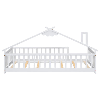 Mirightone Twin Size Floor Bed with House-Shaped Roof and Fence Guardrails - Solid Wood Montessori Design in White