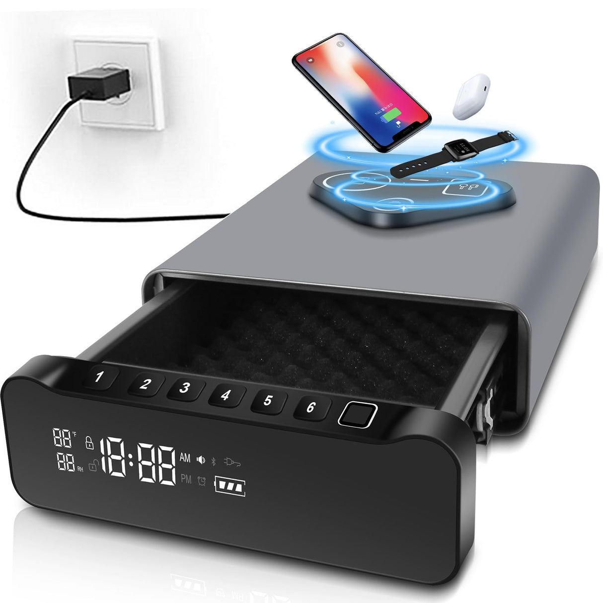 FTOP Biometric Fingerprint Gun Safe, Clock Handgun Safe with 3-in-1 Watch & Phone Wireless Charging, Drawer Lock for Hand guns, Cash, Valuables- with Humidity Reader|Temperature| Alarm Clock| Screen FTOP