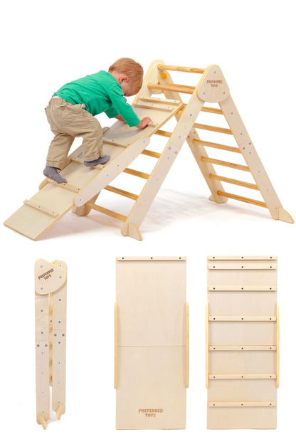 Preferred Toys Pikler Triangle - 3 in 1 Montessori Climbing Set with Slide and Wooden Climber Wall - Foldable Kids Indoor Play Equipment Gym for Boys & Girls (Pikler Triangle with Slide)