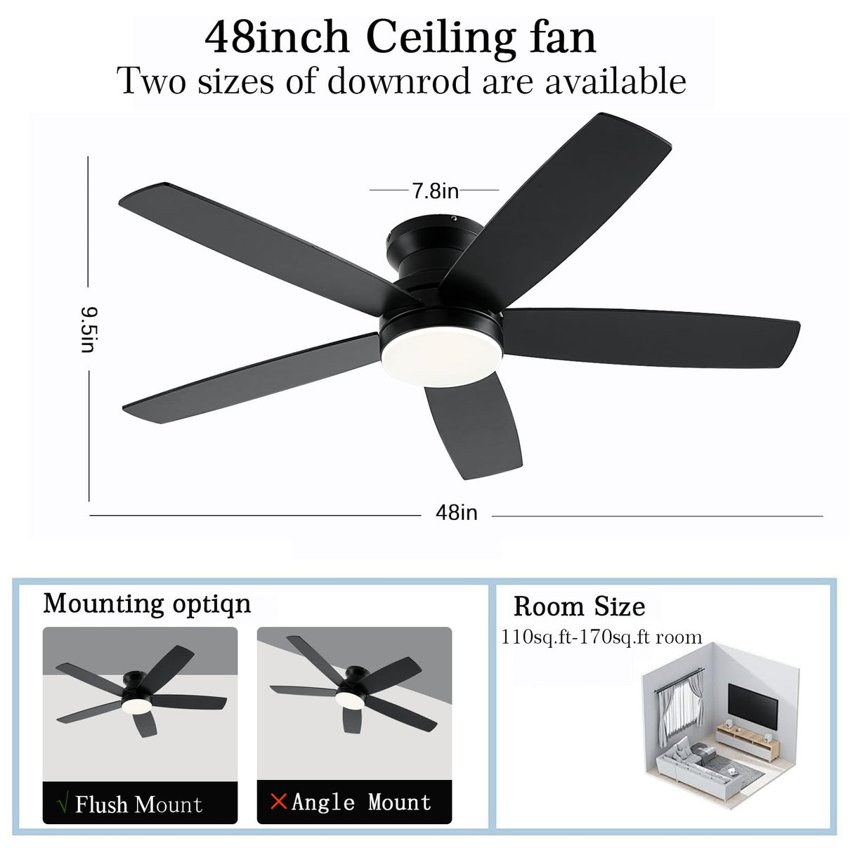 NKPU Black Ceiling Fans with Lights, 48Inch Low Profile Ceiling Fan with Light and Remote/App Control, Flush Mount, Reversible DC Motor, 3CCT Dimmable led, Modern Ceiling Fan for Indoor/Outdoor Use NKPU