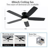 NKPU Black Ceiling Fans with Lights, 48Inch Low Profile Ceiling Fan with Light and Remote/App Control, Flush Mount, Reversible DC Motor, 3CCT Dimmable led, Modern Ceiling Fan for Indoor/Outdoor Use NKPU