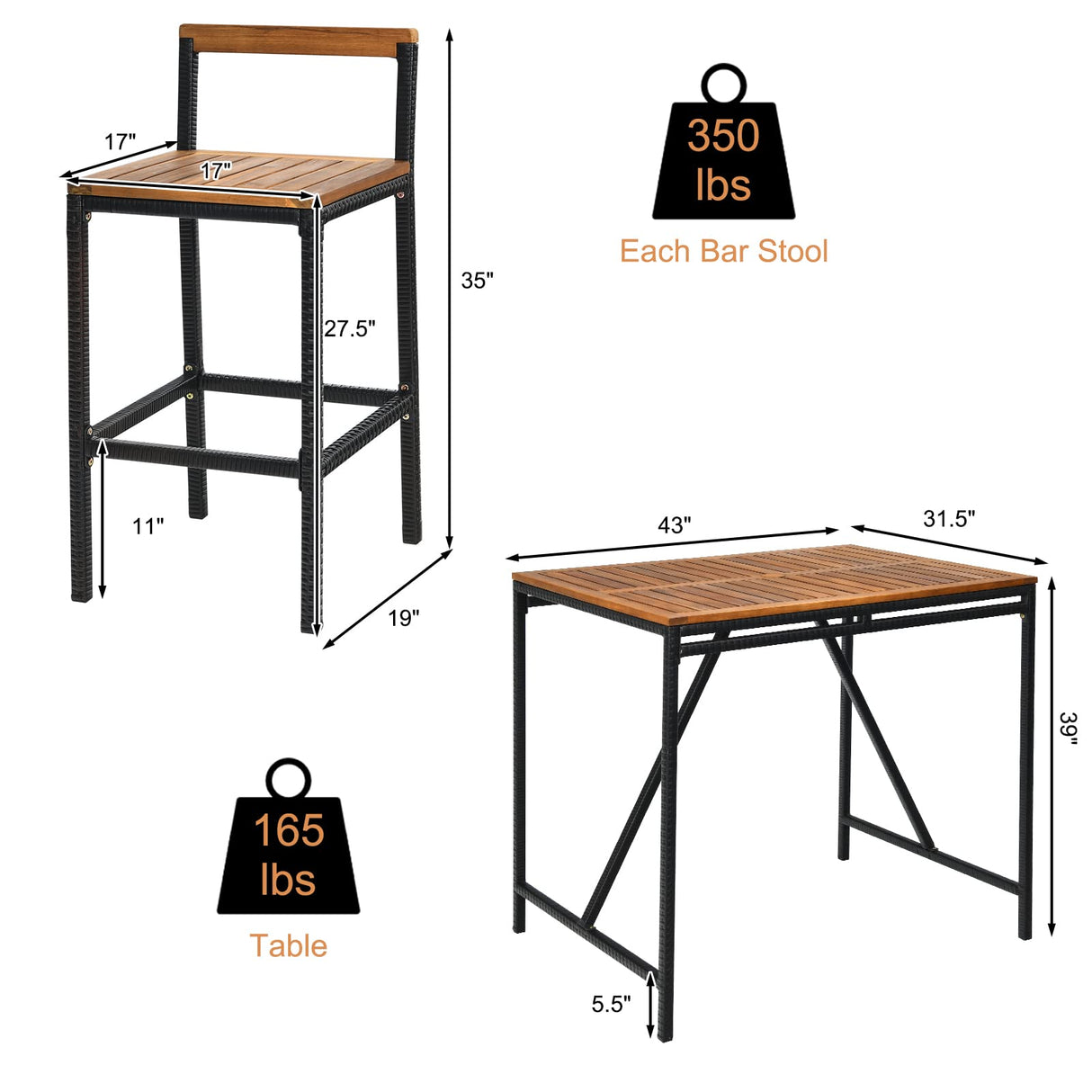 RELAX4LIFE 5-Piece Patio Bar Set, Acacia Wood Counter Height Bistro Dining Table w/Umbrella Hole, Wicker Rattan Bar Stools Set of 4 for Balcony Backyard Poolside, 5PCS Outdoor Bar Table and Chairs Set RELAX4LIFE
