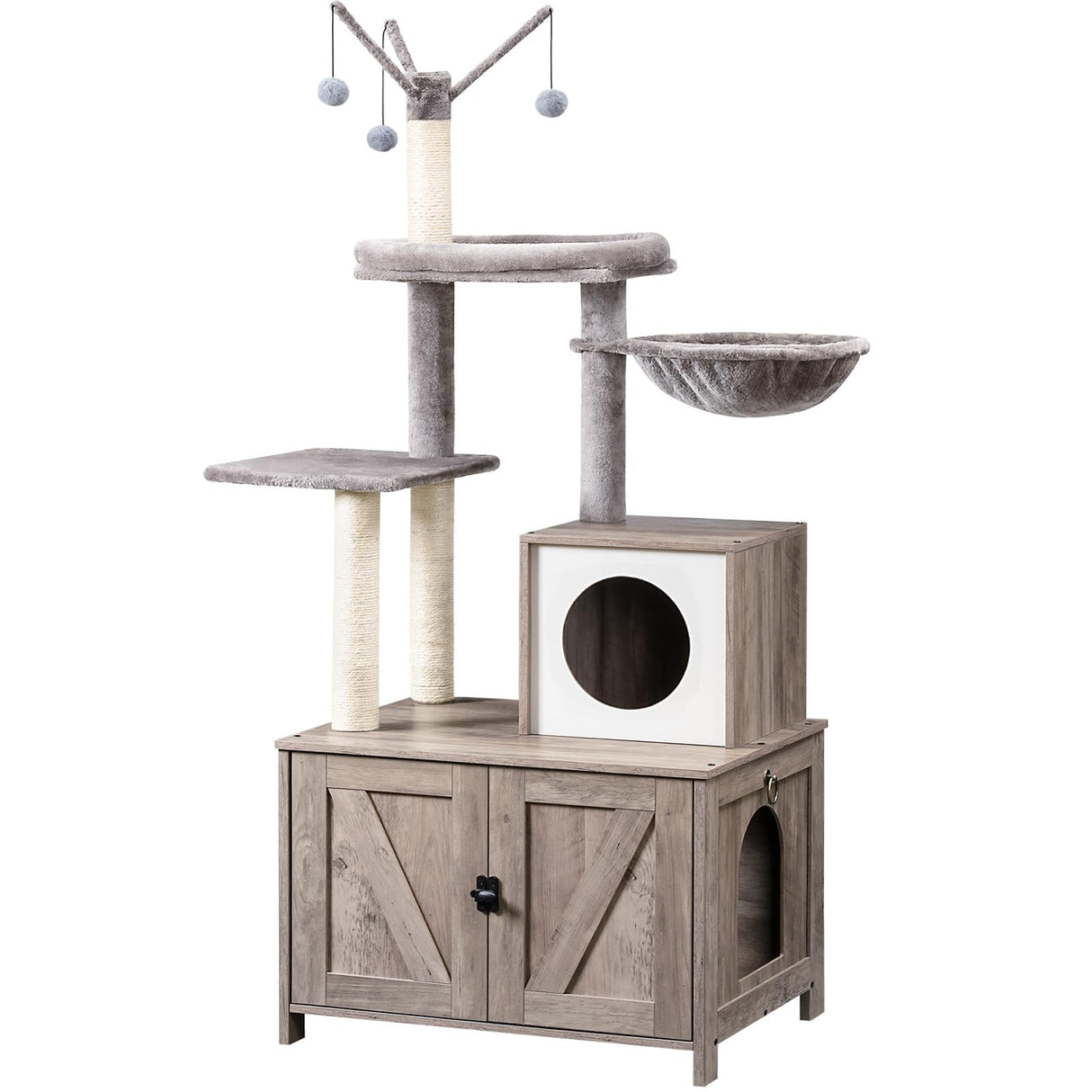 HOOBRO Cat Tree Tower with Litter Box Enclosure for Indoor Cats, Wooden Cat Condo with Scratching Posts, Cat Litter Box Furniture Hidden, All-in-One Cat Toy with Cat House, Greige BG15MZ03 HOOBRO