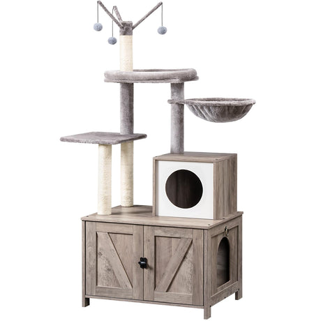 HOOBRO Cat Tree Tower with Litter Box Enclosure for Indoor Cats, Wooden Cat Condo with Scratching Posts, Cat Litter Box Furniture Hidden, All-in-One Cat Toy with Cat House, Greige BG15MZ03 HOOBRO