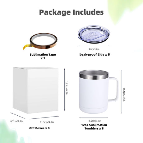 ColorSub 12 oz Sublimation Tumblers with Handle Insulated Stainless Steel Coffee Mugs Matte Tumblers Blanks with Gift Box, Heat Tape for Hot Cold Drinks, 8 Pack ColorSub
