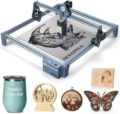 SCULPFUN S9 Laser Engraver, 90W Laser Cutter, with Eye Protection, High-precision Wood Engraver Cutting Machine, for Wood Jewelry DIY Design Model Nameplate Puzzle, 16.14x16.34in Engraving (5W) SCULPFUN