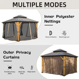 LPP-AWH 12'x14' Hardtop Gazebo with Cedar Wood Frame,Galvanized Steel Double Roof Gazebo Pavilion with Curtains and Netting - Outdoor Permanent Gazebo Canopy for Garden & Backyard (Brown) LPP-AWH