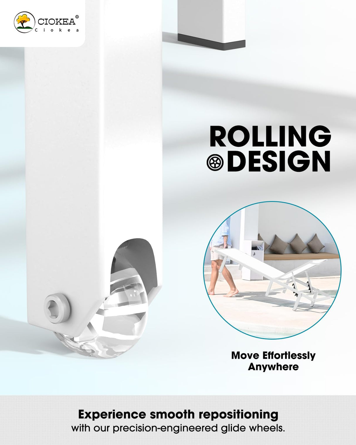 Aluminum Chaise Lounge Chair Outdoor with Wheels, Patio Lounge Chair with Adjustable 5-Position Recliner and Full Flat Tanning Chair for Patio, Beach, Pool, White Ciokea