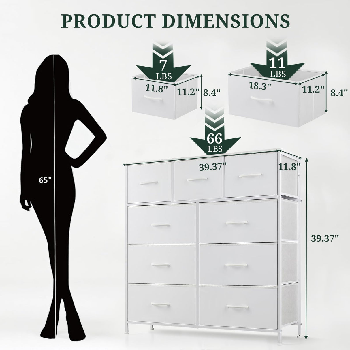 9-Drawer Dresser for Bedroom, Anti-Tip Tall Storage Organizer Chest of Drawers with Wooden Top and Metal Frame Fabric Bins for Closet, Living Room, Hallway, Entryway, White SageNest