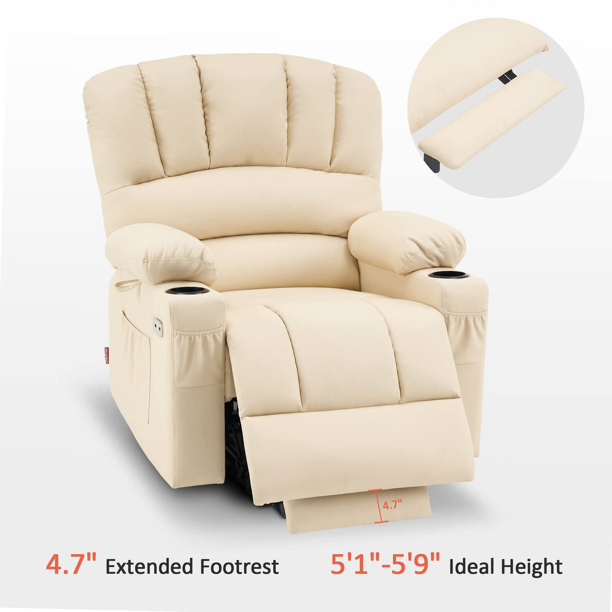 MCombo Power Lift Recliner Chair for Elderly, Lift Chair with Heat and Massage, USB &Type C Ports, Cup Holders, Faux Leather 7095 (Medium, Cream White) MCombo