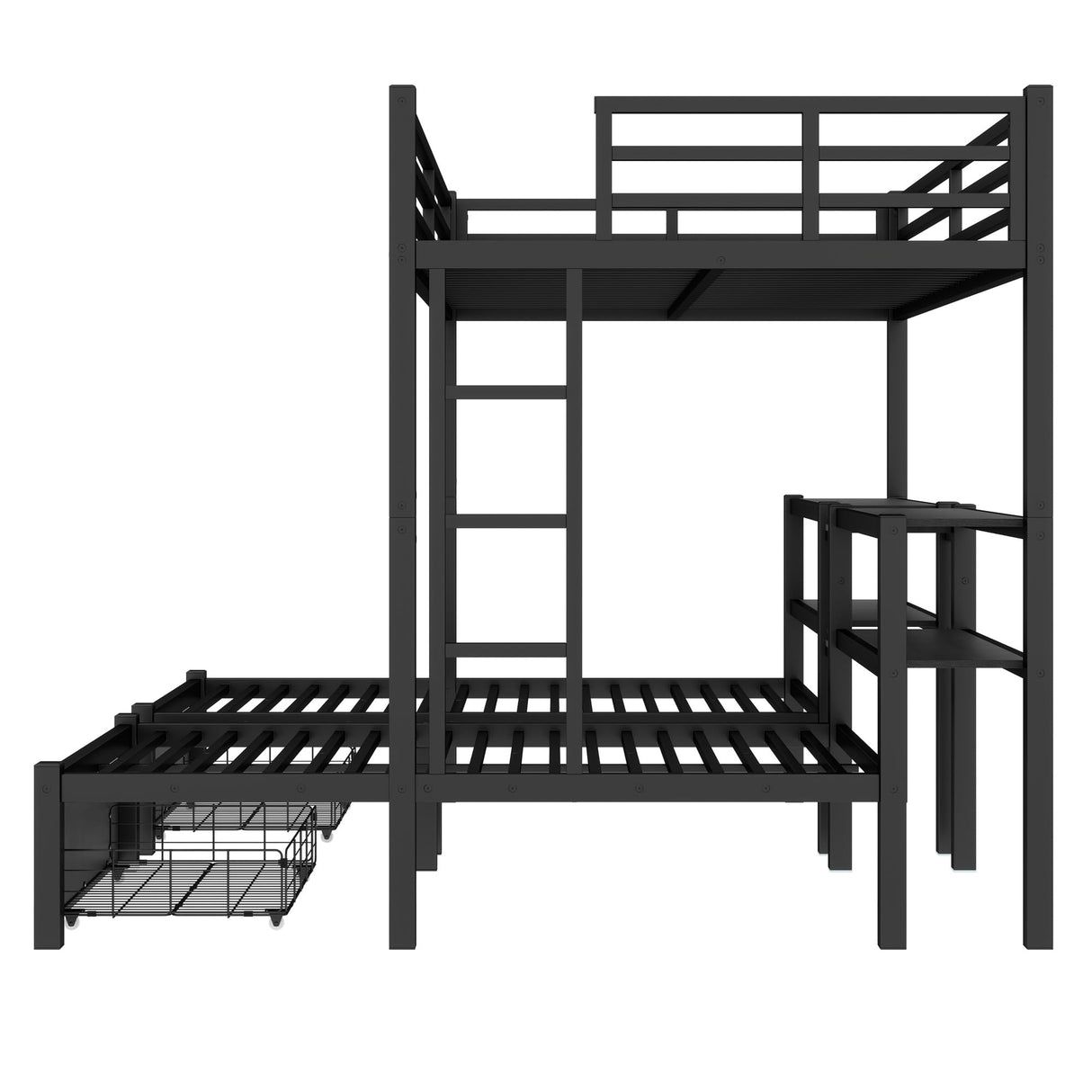Heavy Duty Triple Bunk Bed with Storage Drawers, Shelves, Triple Bed with Charging Station, Full XL Over Twin Over Twin Triple Bunk for Kids, Teens, Black Triple Bunk Bed Bellemave