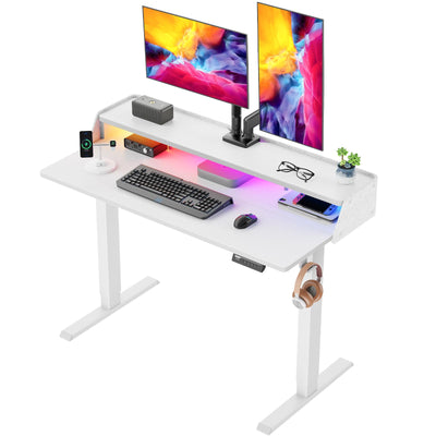 ErGear Standing Desk with LED Strip, 48″ x24″ Electric Height Adjustable RGB Gaming Desk with Shelf, Sit Stand Desk with Dual Cable Holes, C-Clamp Mount Compatible, 4 Preset Heights, White