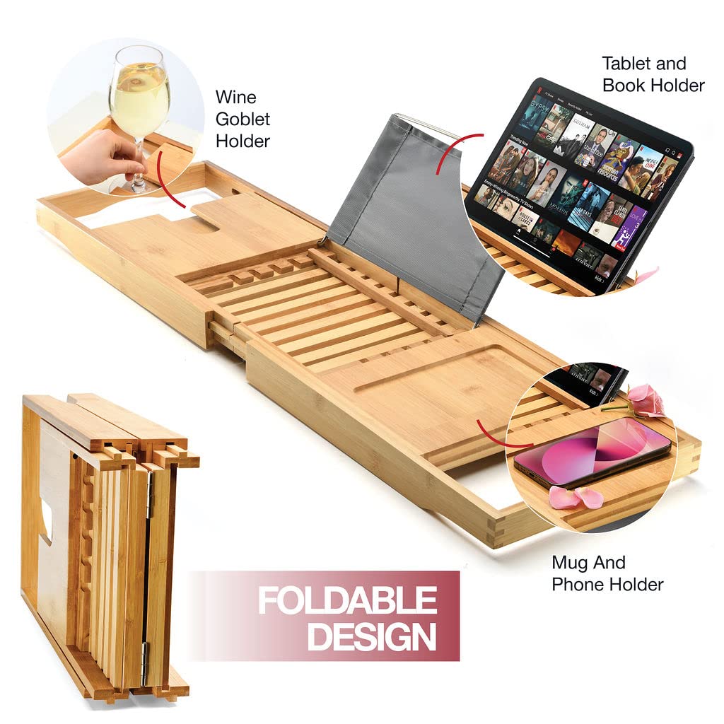 Luxury Foldable Bathtub Tray Caddy - Waterproof Wooden Bath Organizer for Wine, Book, Soap, Phone - Expandable Size Fits Most Tubs