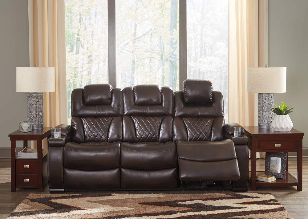 Signature Design by Ashley Warnerton Faux Leather Power Reclining Sofa with Adjustable Headrest, Brown Signature Design by Ashley