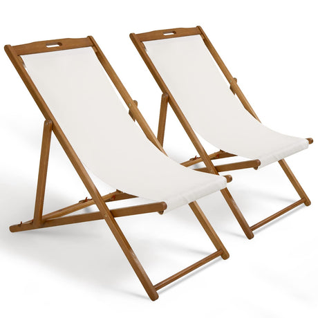 Beach Sling Chair Set of 2, Outdoor Folding Wood Beach Chair with White Polyester Canvas, 3 Level Adjustable Height Patio Lounge Chair Dkeli