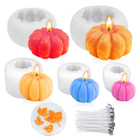 MGLIFEUL 6 pcs Upgrade Large Halloween Pumpkin Maple Leaf Candle Silicone Candle Mold with Wax Core, Halloween Fall Pumpkin Candle Resin Soap Molds Silicone Suitable for Businesses or households MGLIFEUL