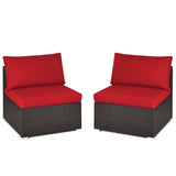 Tangkula 2 PCS Outdoor Wicker Armless Sofa, Patio Rattan Sectional Sofa Set w/2 Thick Seat Cushions and 2 Back Cushions, Additional Seats for Balcony Garden Patio Poolside (Red) Tangkula