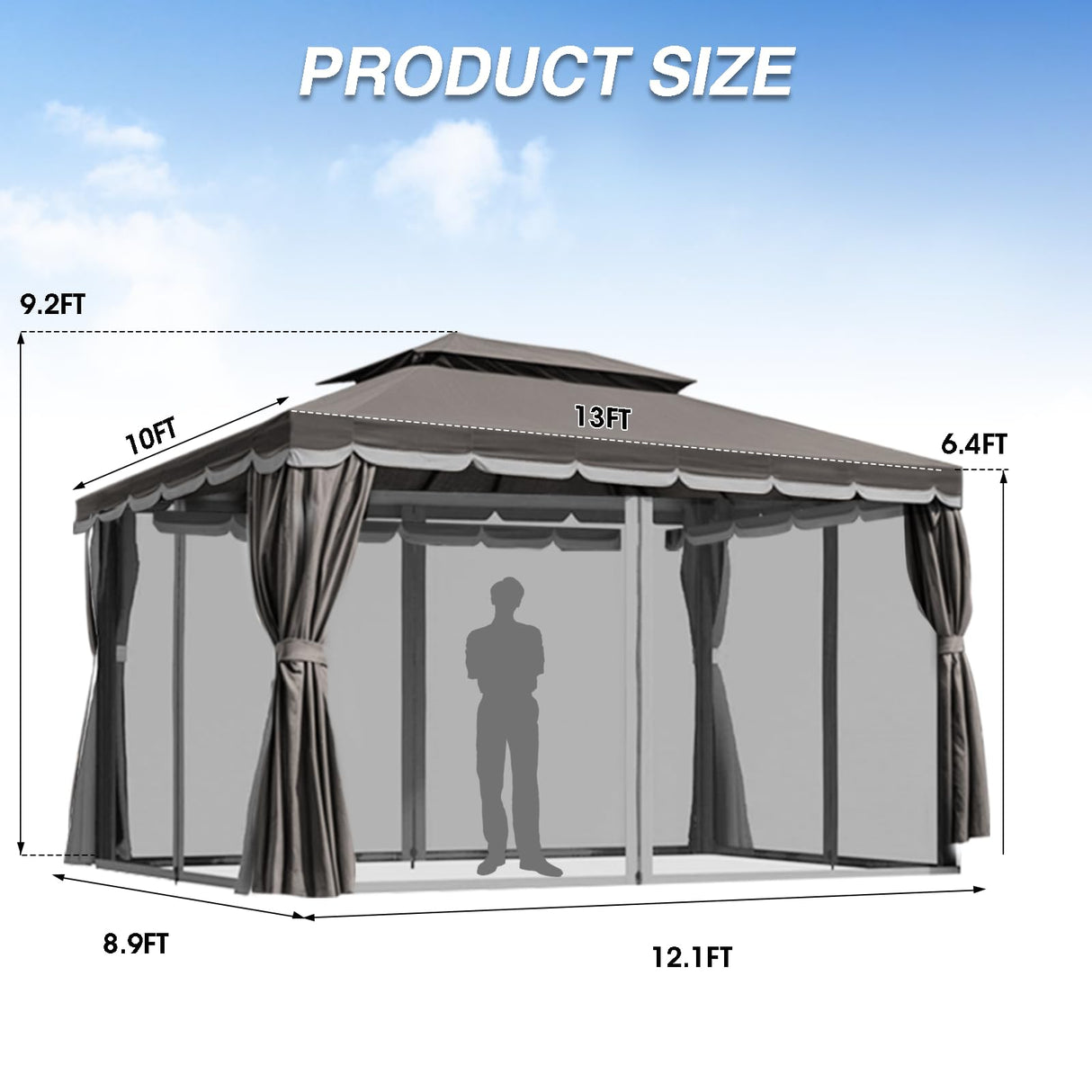 10'×13' Outdoor Gazebo, Patio Gazebo Canopy Tent Heavy Duty with Double Roofs, Gazebo Tent Canopy with Mosquito Netting and Privacy Screen Curtains for Deck Backyard Lawn and Garden (Grey) gaildon