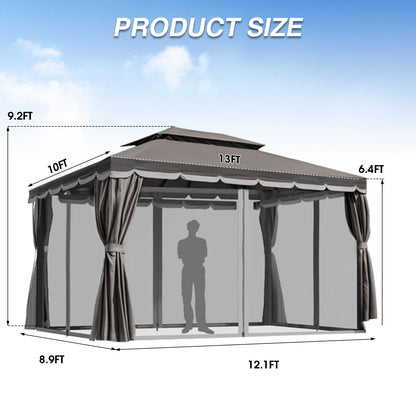 10'×13' Outdoor Gazebo, Patio Gazebo Canopy Tent Heavy Duty with Double Roofs, Gazebo Tent Canopy with Mosquito Netting and Privacy Screen Curtains for Deck Backyard Lawn and Garden (Grey)