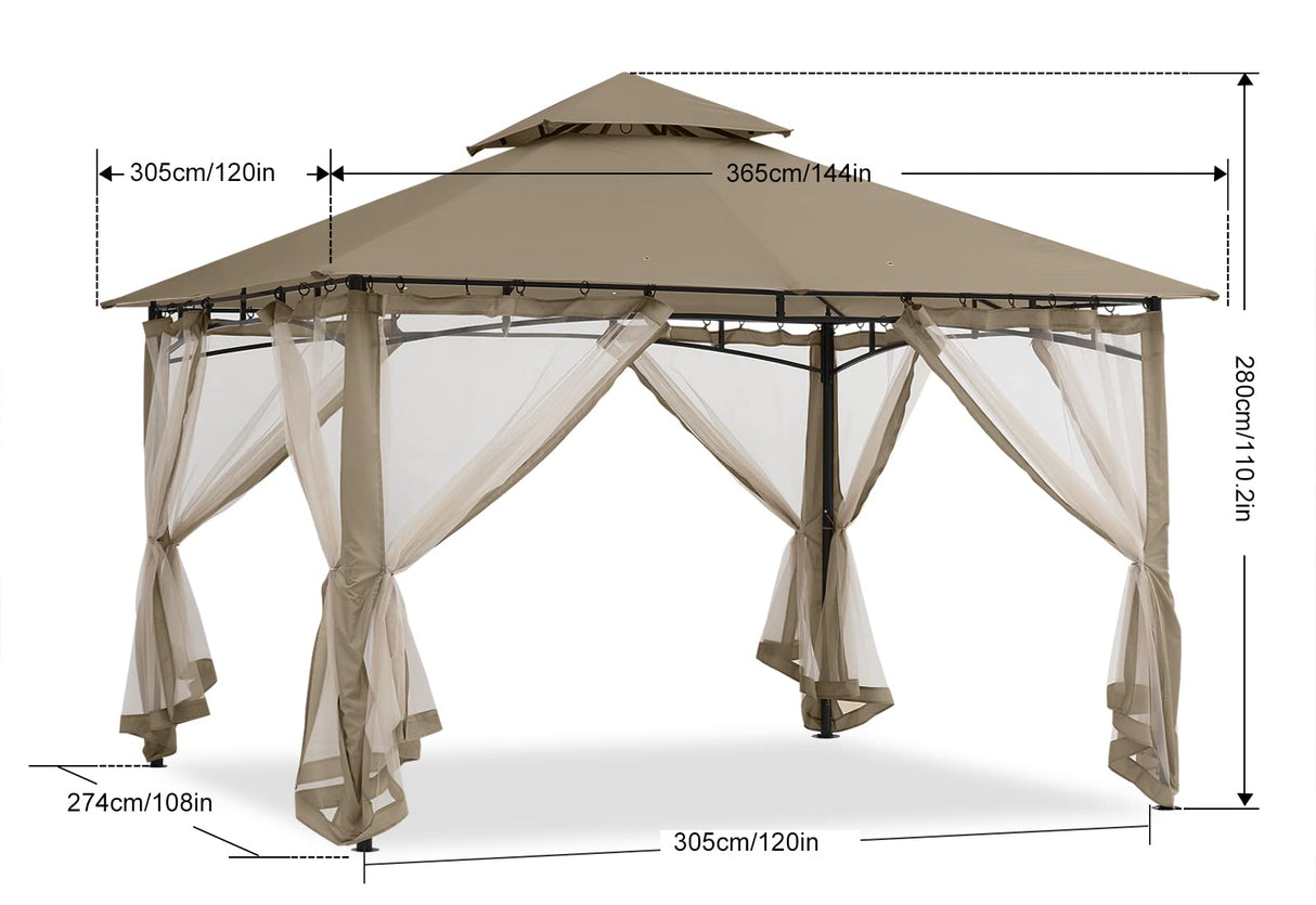 ABCCANOPY Gazebos for Patios 10x12 - Outdoor Steel Frame Gazebo with Mosquito Netting for Lawn Backyard Garden Deck (Khaki) ABCCANOPY