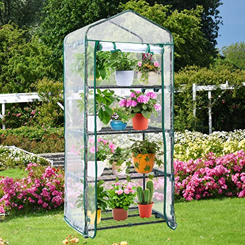 Mini Greenhouse for Outdoors Indoor: Ohuhu Small Green House with 4 Tier Shelves, Portable Plastic Greenhouses with Heavy Duty Transparent PVC Cover for Winter Garden Patio Backyard Porch Balcony Ohuhu