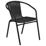 Flash Furniture Lila 28'' Round Glass Metal Table with Black Rattan Edging and 2 Black Rattan Stack Chairs Flash Furniture