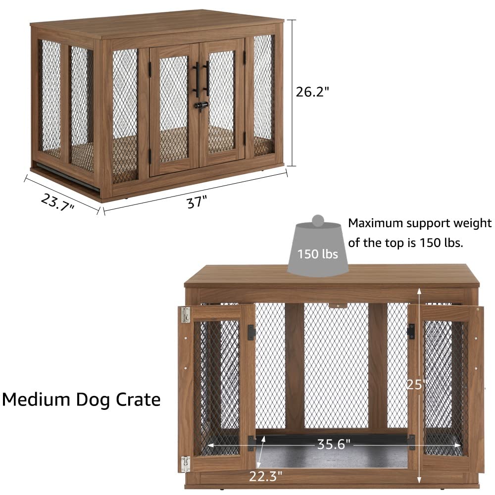 unipaws Furniture Dog Crate with Tray for Medium Dogs, Indoor Aesthetic Puppy Kennel Pet House Dog Cage with Door, Modern Decorative Wood Pretty Cute Fancy End Side Table Nightstand, Walmut - WoodArtSupply