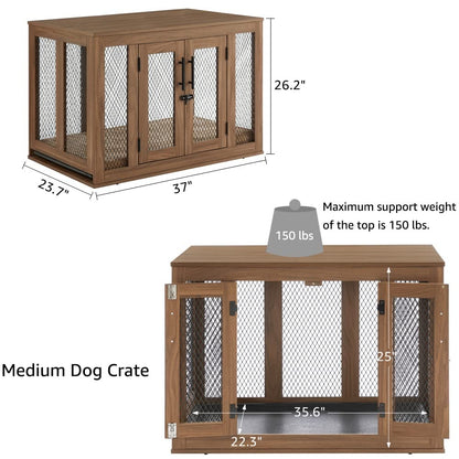 unipaws Furniture Dog Crate with Tray for Medium Dogs, Indoor Aesthetic Puppy Kennel Pet House Dog Cage with Door, Modern Decorative Wood Pretty Cute Fancy End Side Table Nightstand, Walmut - WoodArtSupply