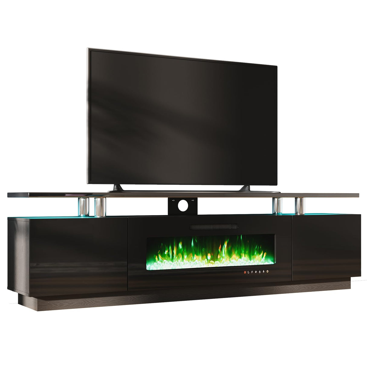 AMERLIFE Fireplace TV Stand with 40" Fireplace, 80" Modern High Gloss Fireplace Entertainment Center LED Lights, 2 Tier TV Console Cabinet for TVs Up to 90", Obsidian Black AMERLIFE
