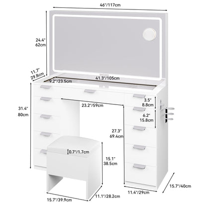 YITAHOME Makeup Vanity with Spacious LED-Lit Mirror & Built-in Socket, Vanity Table with 11 Compartments and Magnifier, 46'' Beauty Station with Seating for Bedroom - WoodArtSupply