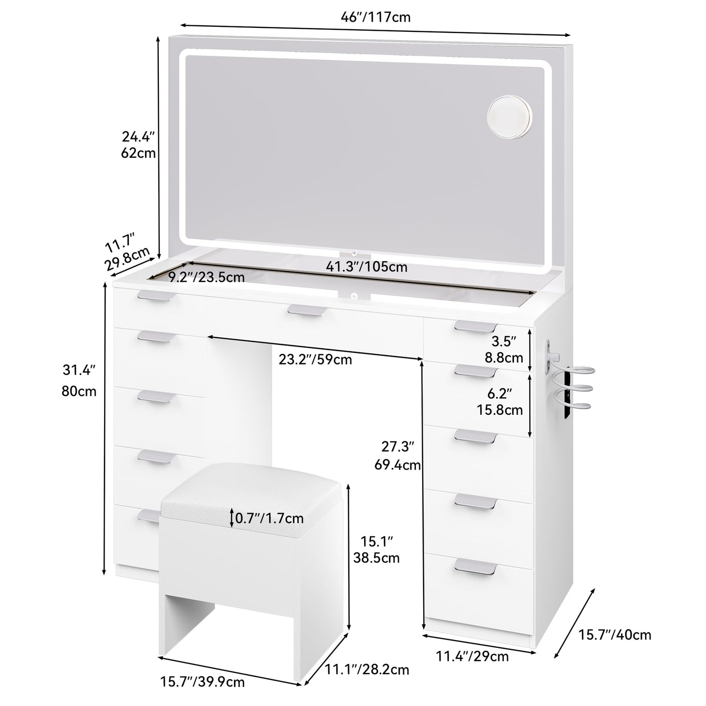 YITAHOME Makeup Vanity with Spacious LED-Lit Mirror & Built-in Socket, Vanity Table with 11 Compartments and Magnifier, 46'' Beauty Station with Seating for Bedroom - WoodArtSupply