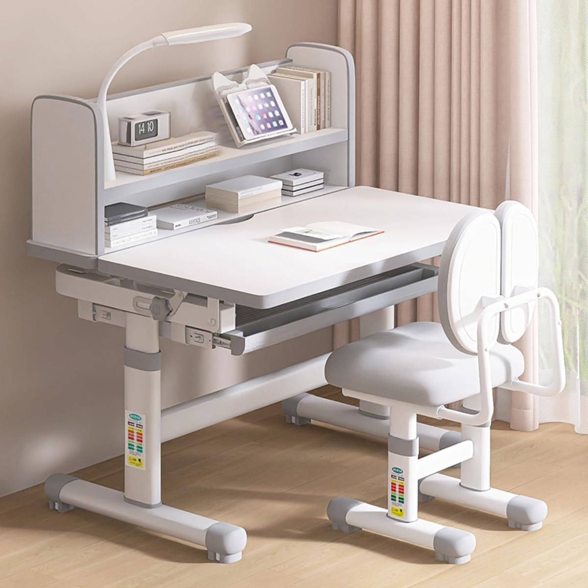 Kids Functional Study Desk and Chair Sets Ergonomic Height Adjustable Children School Study Desk 3-18 Years Boy and Girl Study Table and Chair Set with Tilt Desktop,LED Light for Reading,Writing SMIXLVY