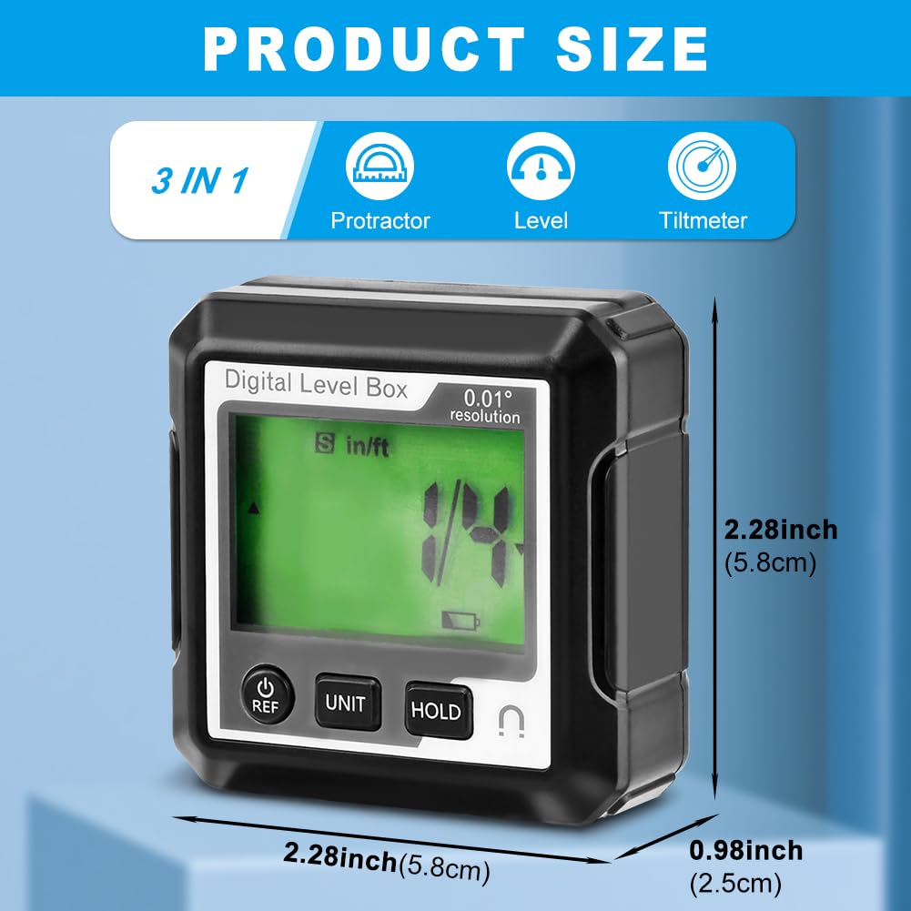 Digital Level Angle Gauge, Converts Between Degrees, Digital Angle Finder Backlit LCD Digital Magnetic Protractor Inclinometer Level Box, Angle Finder Tool Protractor HKZTUY