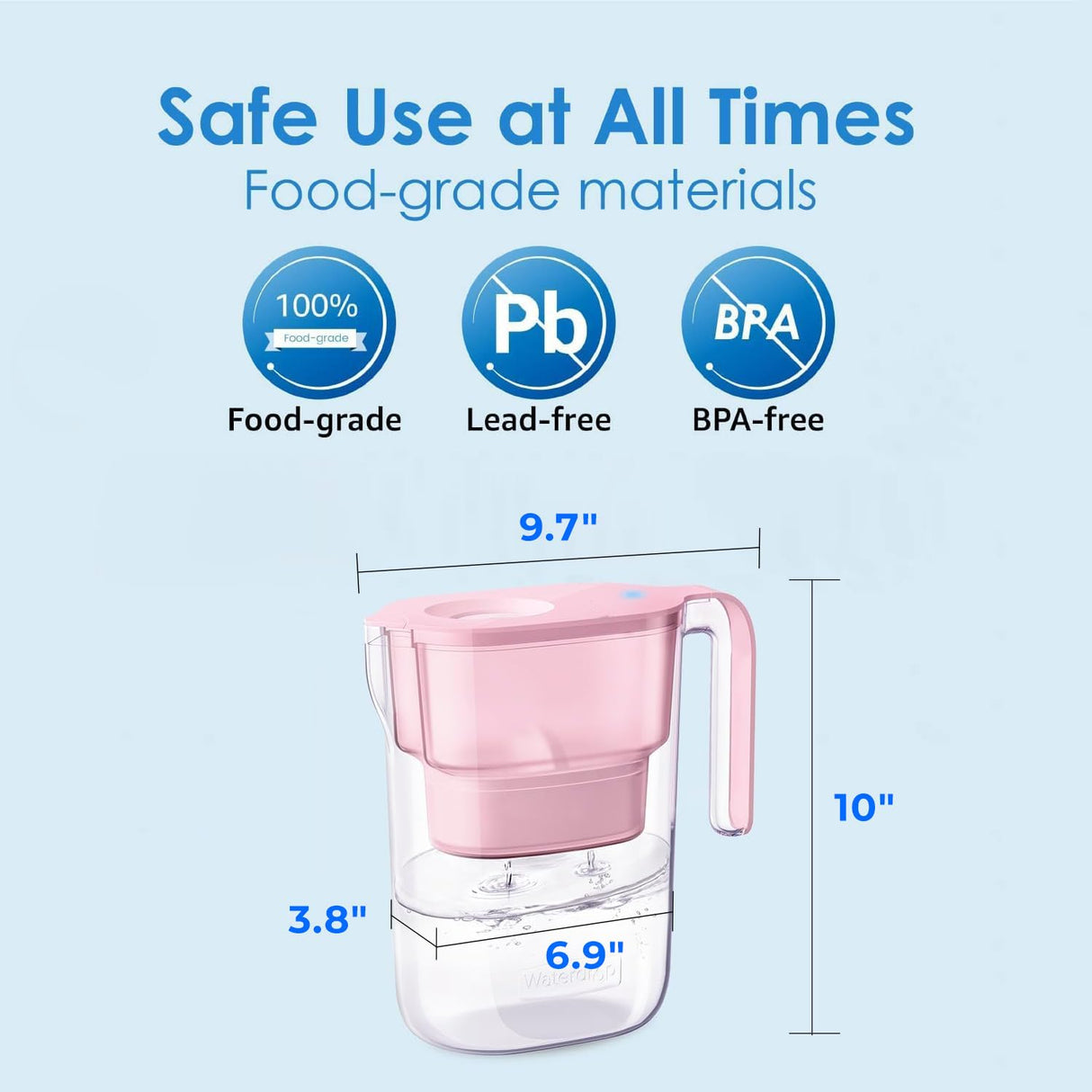 Waterdrop Water Filter Pitcher with 1 Filter, 5X Times Lifetime, Lasts 200 Gallons, for Fridge, Countertop and Gift, Reduces PFOA/PFOS, Chlorine, 7-Cup Capacity, Elfin, Pink Waterdrop