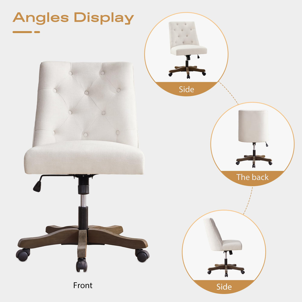 HUIMO Home Office Chair Upholstered Swivel Desk Chair with Wheels Chenille Fabric Adjustable Height Computer Chair with Wooden Legs Comfortable Armless Chair for Studio Study Home Office (Beige) HUIMO