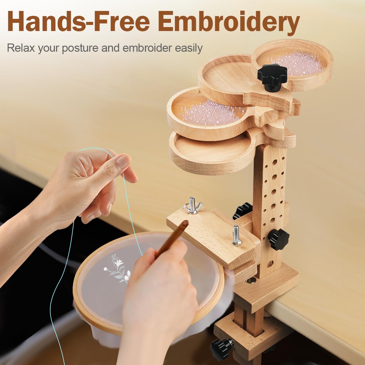 Embroidery Hoop Stand with Built-in Storage Tray, Adjustable Embroidery Hoop Holder, Sturdy Beech Wood Cross Stitch Stand for DIY Craft & Needlework Vathery