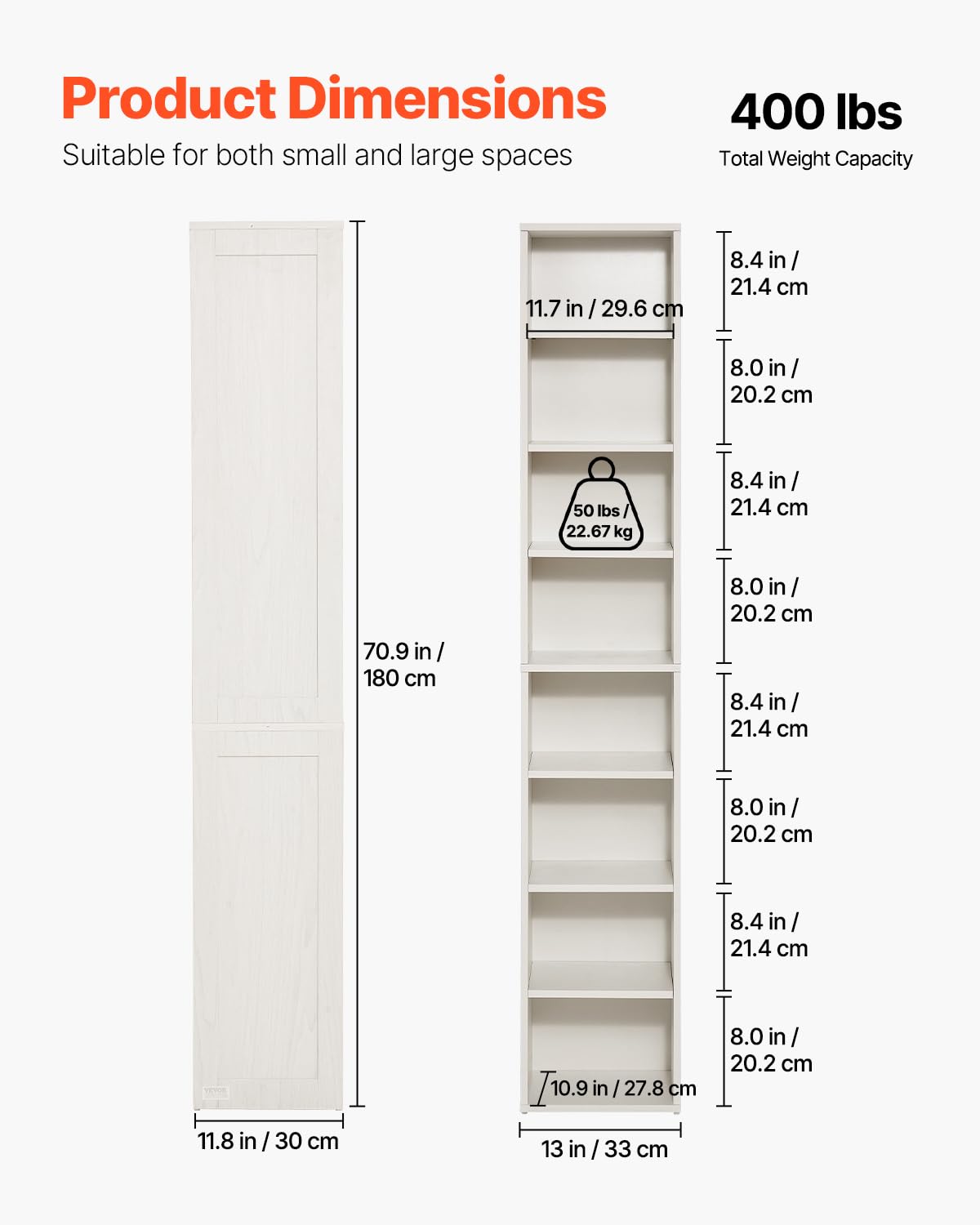 VEVOR 8 Tiers Narrow Bookshelf, 71 in Wooden Tall Open Bookcase with Height-Adjustable Shelf, Freestanding Display Storage Floor Bookcase Bookshelf for Library, Bedroom, Living Room, Office, White VEVOR