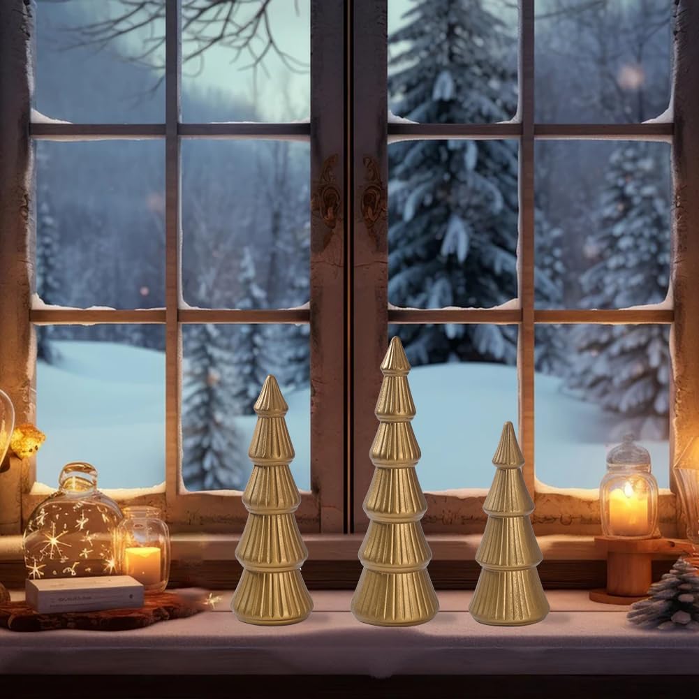 Wooden Christmas Tree, Set of 3 Tabletop Tree Figurine Wood Desk Centerpieces Table Tree Decoration Festive Ornament for Accents Xmas Mantel Shelf Home Decor Holiday Party Indoor Outdoor (Gold) IDATOO