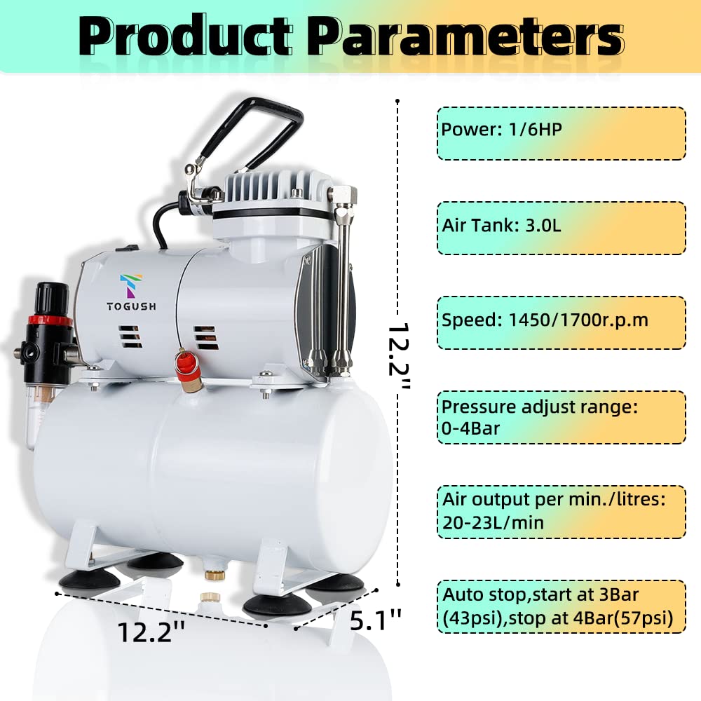 T TOGUSH Airbrush Kit with Air Compressor, 15 Color Airbush Paint, Gravity Airbrush And Siphon Airbrush, 1/6 HP Quiet Air Compressor with 3L Tank, Airbrush for Model Hobby Craft DIY Painting T TOGUSH