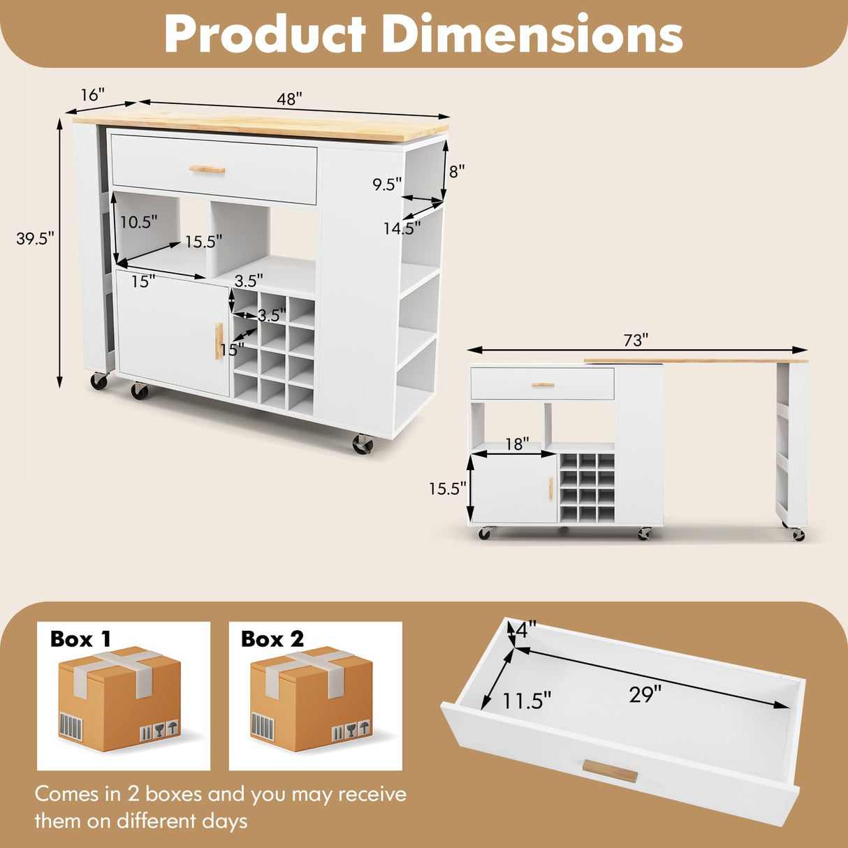 Giantex Mobile Kitchen Island Cart, 4-in-1 Reversible Serving Cart Bar Table Combo, Storage Cart on Wheels w/Rubber Wood Top, Adjustable Shelf, 12-Bottle Wine Rack, Spice Rack for Dining Room, White Giantex