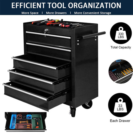 Tool Chest with Wheels,Metal Locking Rolling Tool Box with Tool Organizer Trays for Tool Storage Organizer,Garage,Portable Standing Mechanic Toolbox for Garage (5 Drawer Tool Box Black, 5 Drawer) BouPower