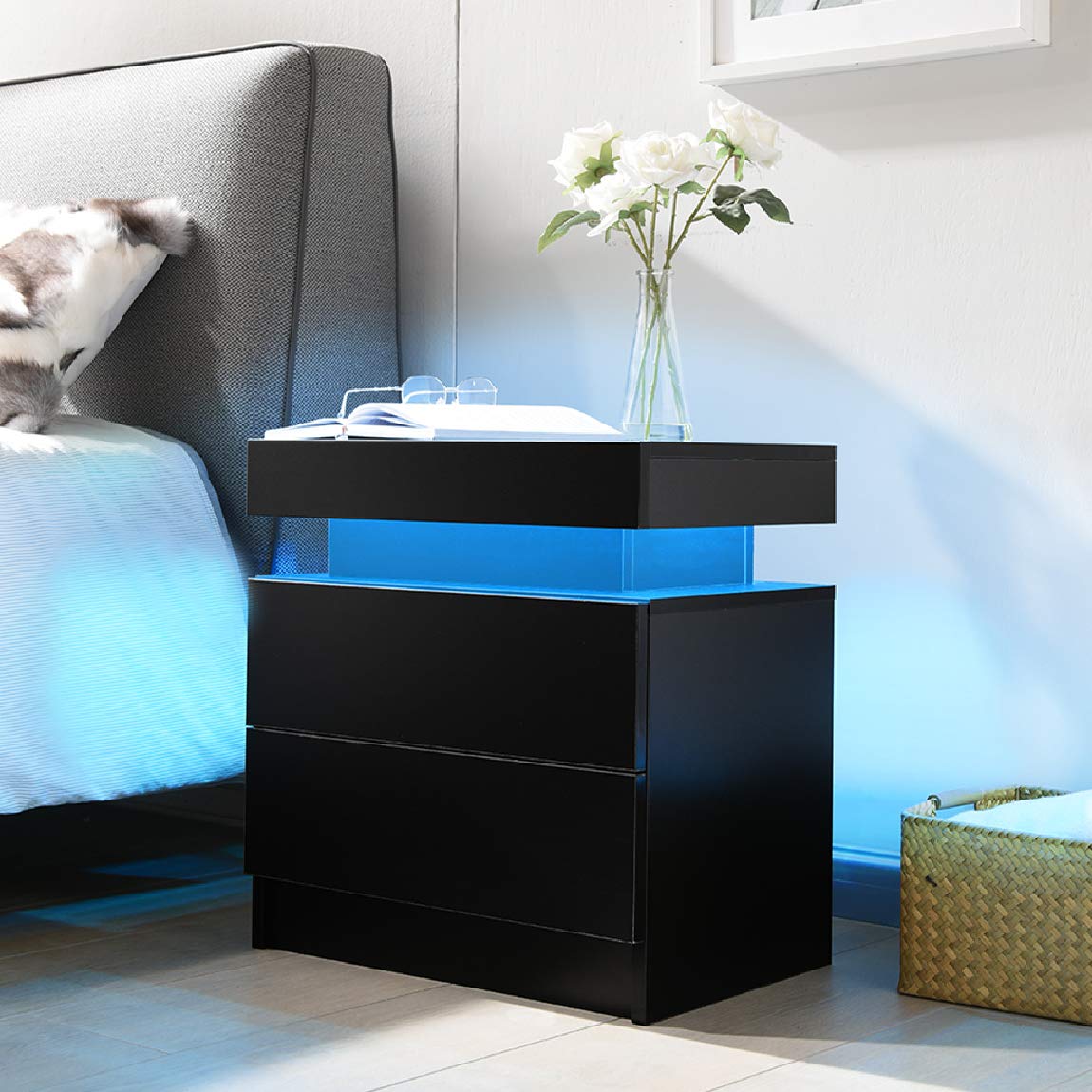 i-aplus Bedside Table with 2 Drawers, LED Nightstand Wooden Cabinet Unit with Lights for Bedroom, Living Room, Black - WoodArtSupply