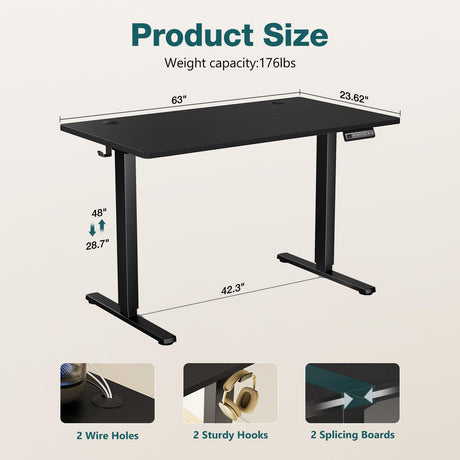 SMUG Standing Desk, Adjustable Height Electric Sit Stand Up Down Computer Table, 63x24 Inch Ergonomic Rising Desks for Work Office Home, Modern Lift Motorized Gaming Desktop Workstation, Black SMUG