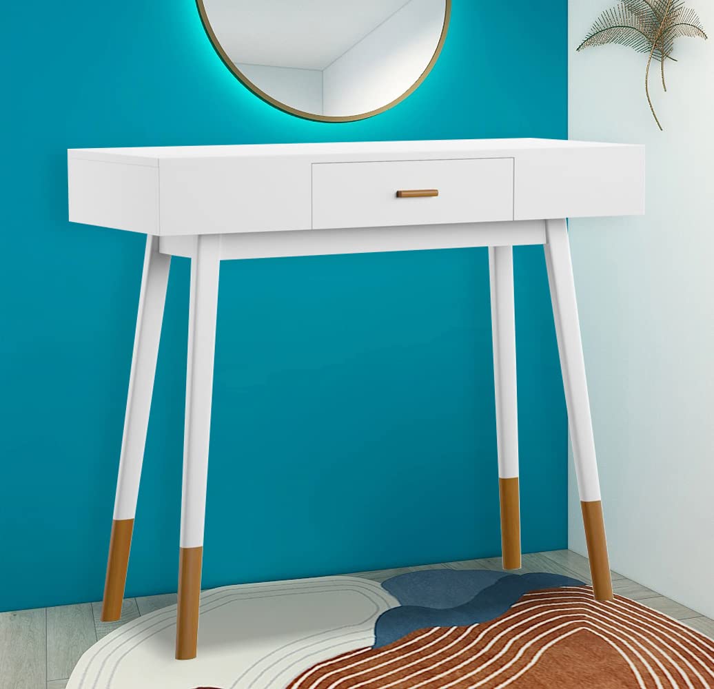 eHemco Euro Console Sofa Table for Entryway with Drawer and Bamboo Legs in White and Dark Oak, Great for Living Room eHemco