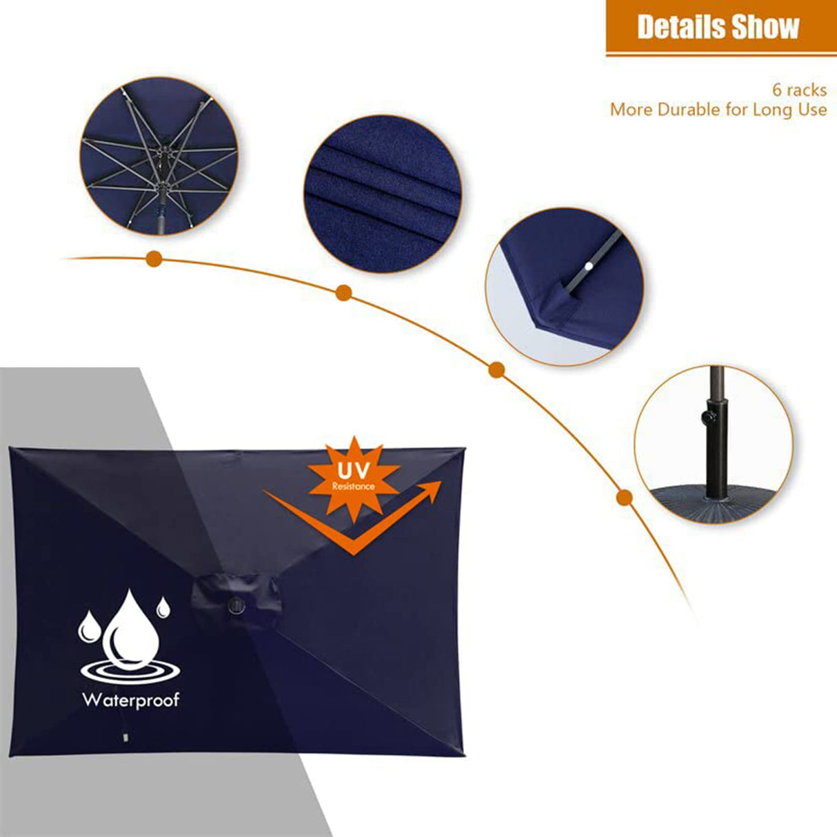 Aok Garden 6.5FT × 10FT Solar LED Lighted Patio Umbrella with Push Button Tilt and Sturdy Aluminum Ribs for Deck Lawn Pool & Backyard - Dark Blue Aok Garden