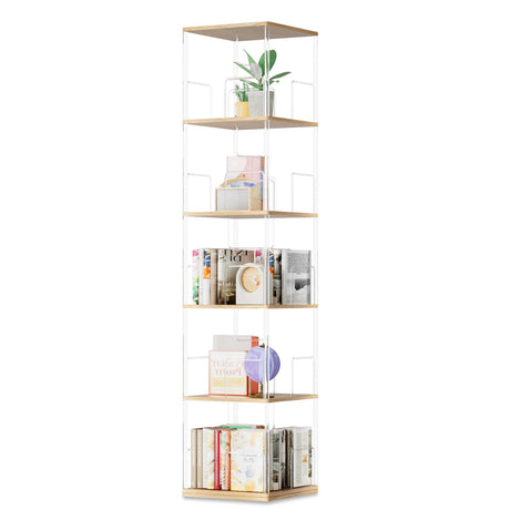 TAKEKIT 360° Rotating Bookshelf, 5-Tier Spinning Book Shelf Tower with Solid Wood & Clear Acrylic, Square Revolving Bookcase for Living Room, Bedroom and Office TAKEKIT