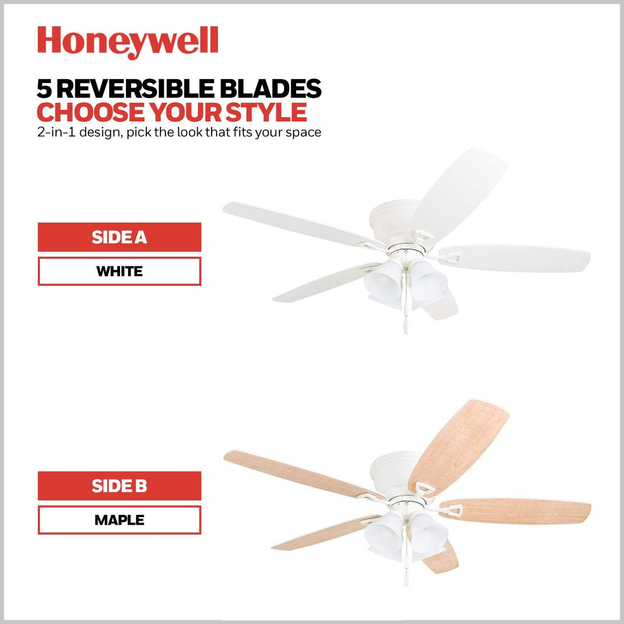 Honeywell Ceiling Fans Glen Alden, 52 Inch Classic Flush Mount Indoor LED Ceiling Fan with Light, Pull Chain, Quick-2-Hang Dual Finish Blades, Reversible Motor - 50520-01 (White) Honeywell Ceiling Fans